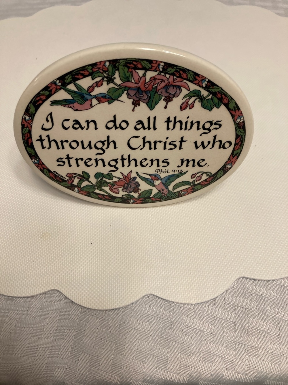 Inspirational Oval Plaque - "I Can Do All Things" - White with Floral Accents